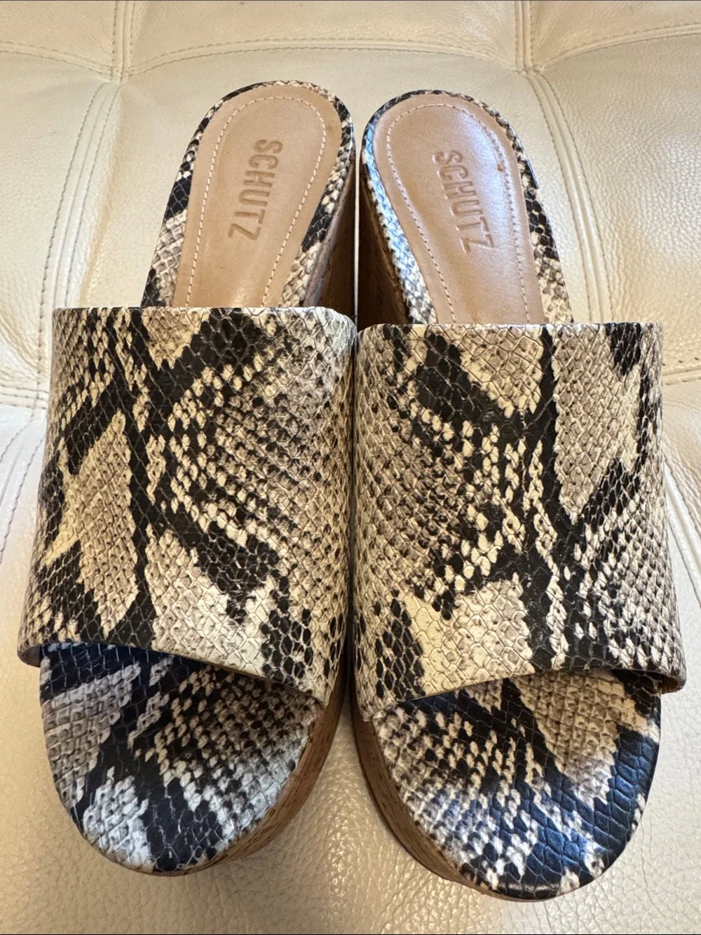 SCHUTZ Women's Snake Print & Cork Platform Mules - Size 7